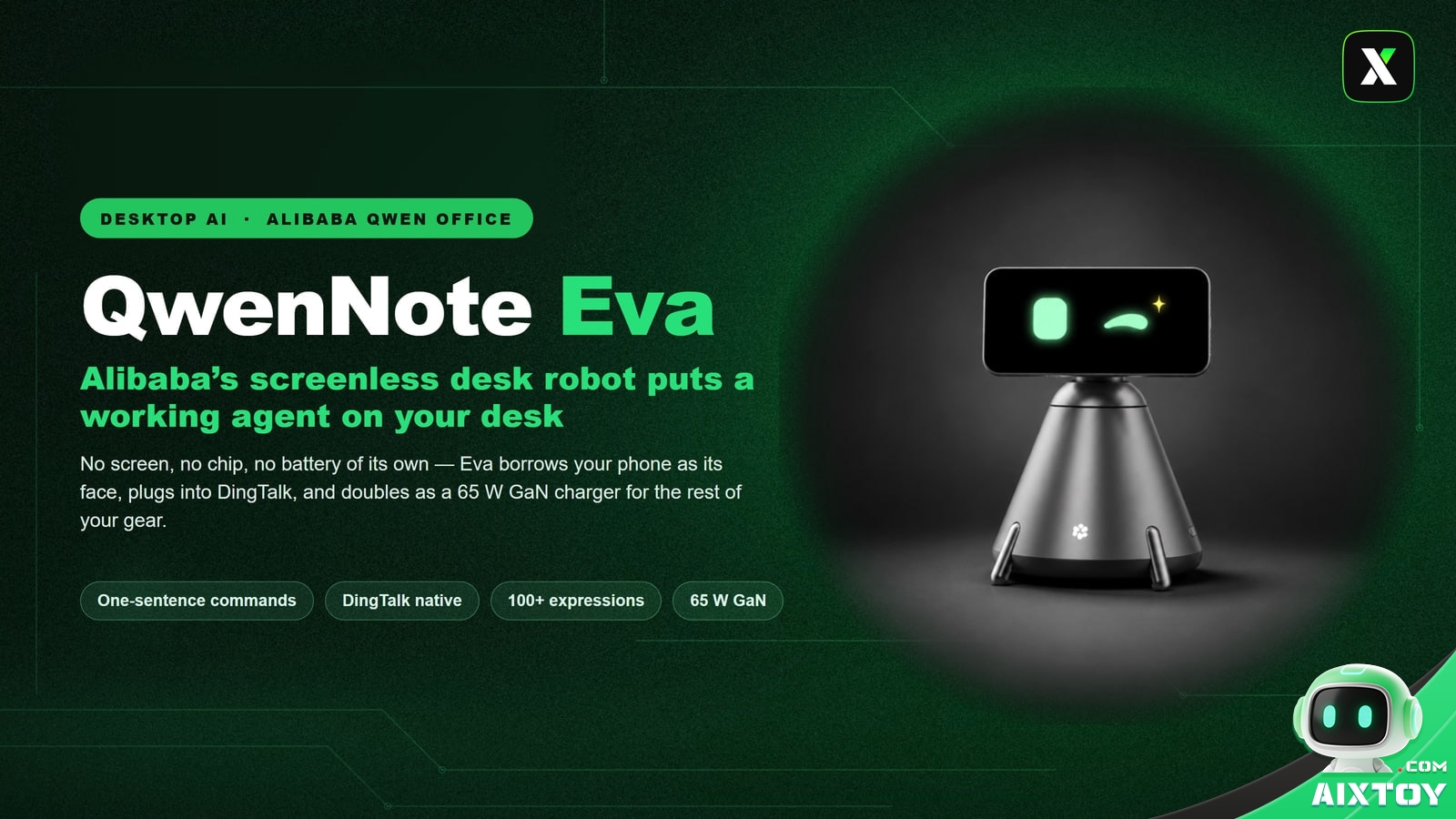 Cover art for the AIXTOY guide to the QwenNote Eva screenless desk robot from Alibaba Qwen Office, over a dark green background with a soft glow and faint circuit traces