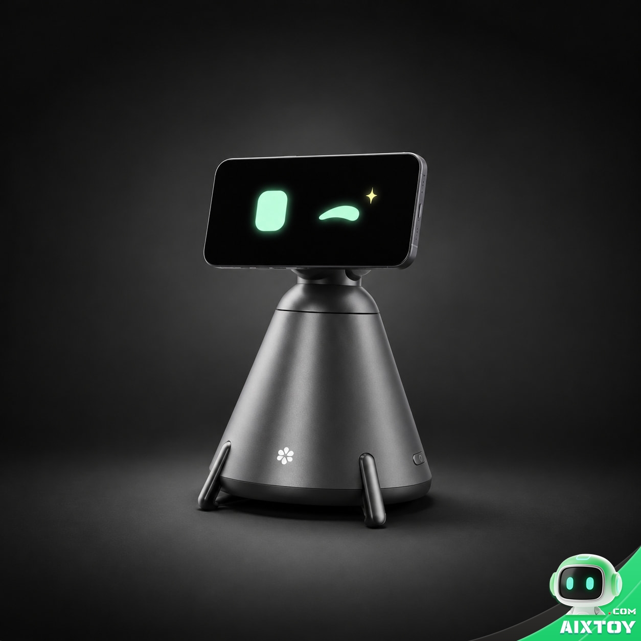 QwenNote Eva desktop AI agent robot seen from a three-quarter angle on a dark studio background