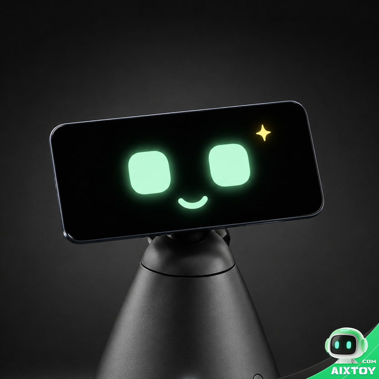 Close view of the QwenNote Eva gimbal head holding a phone that shows glowing green eyes and a smile