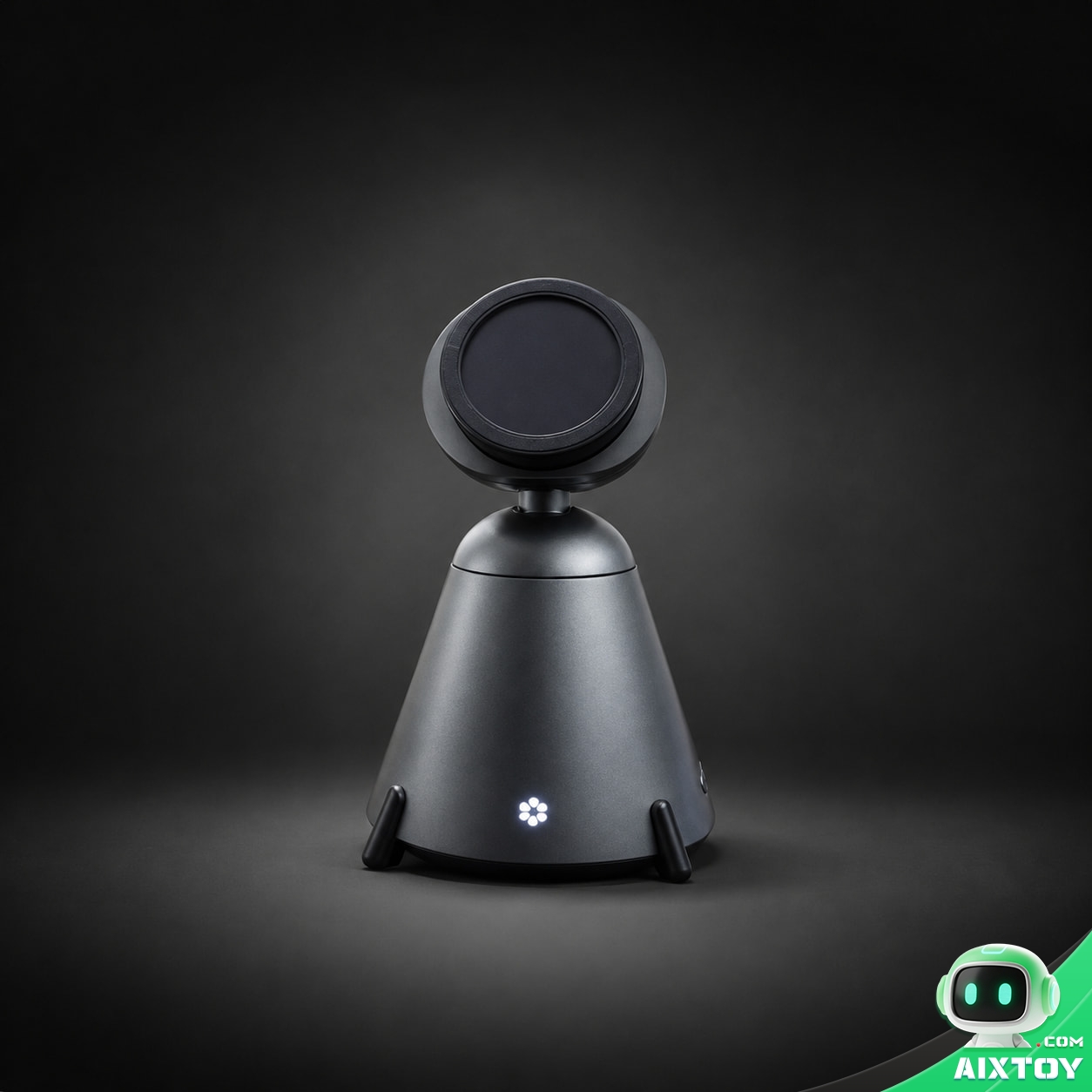 QwenNote Eva dock shown without a phone, revealing the empty magnetic charging pad, the moulded flower logo and two folding legs
