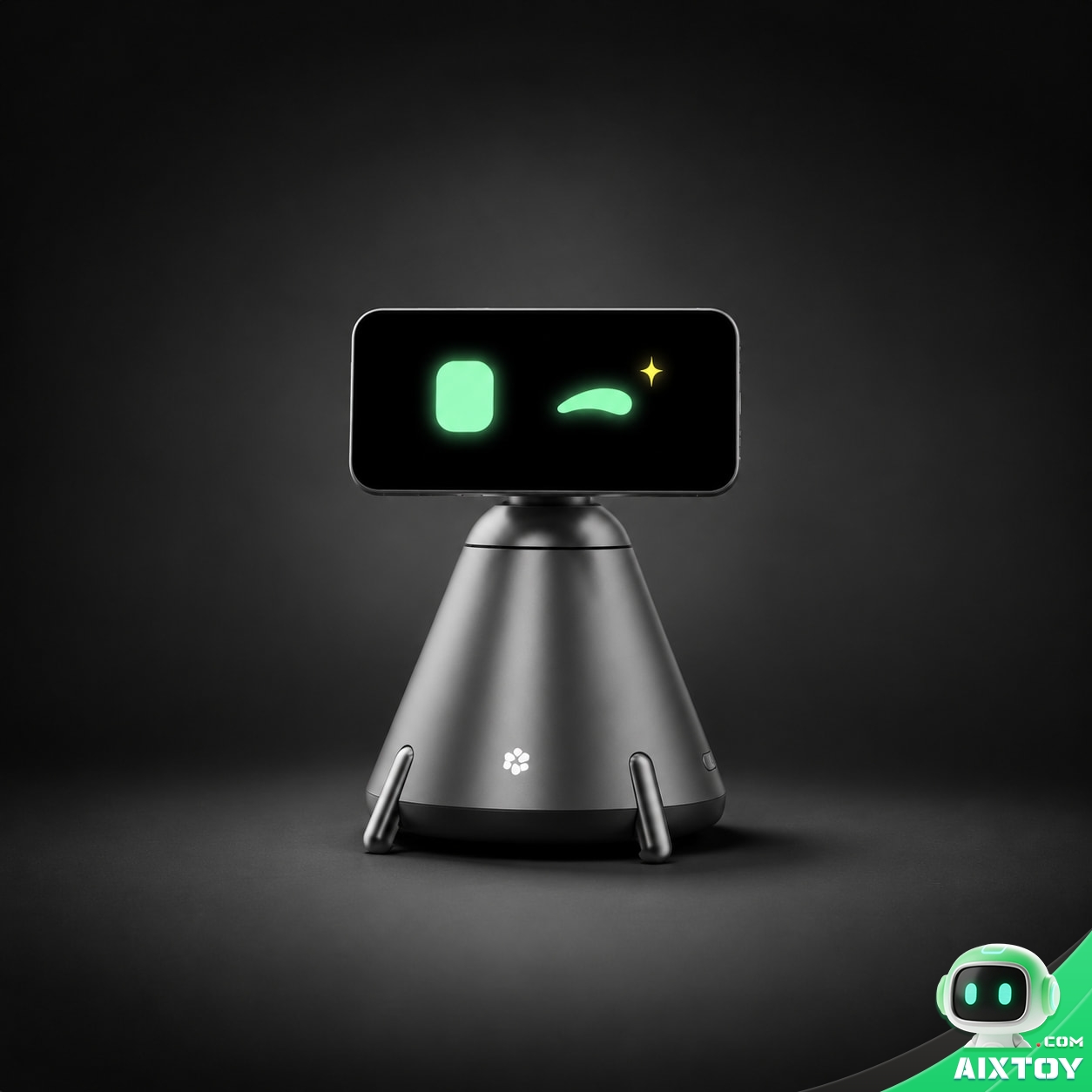 QwenNote Eva Desktop AI Agent Robot QwenNote Eva desktop AI agent robot with a phone mounted on its magnetic gimbal head, front view on a dark background