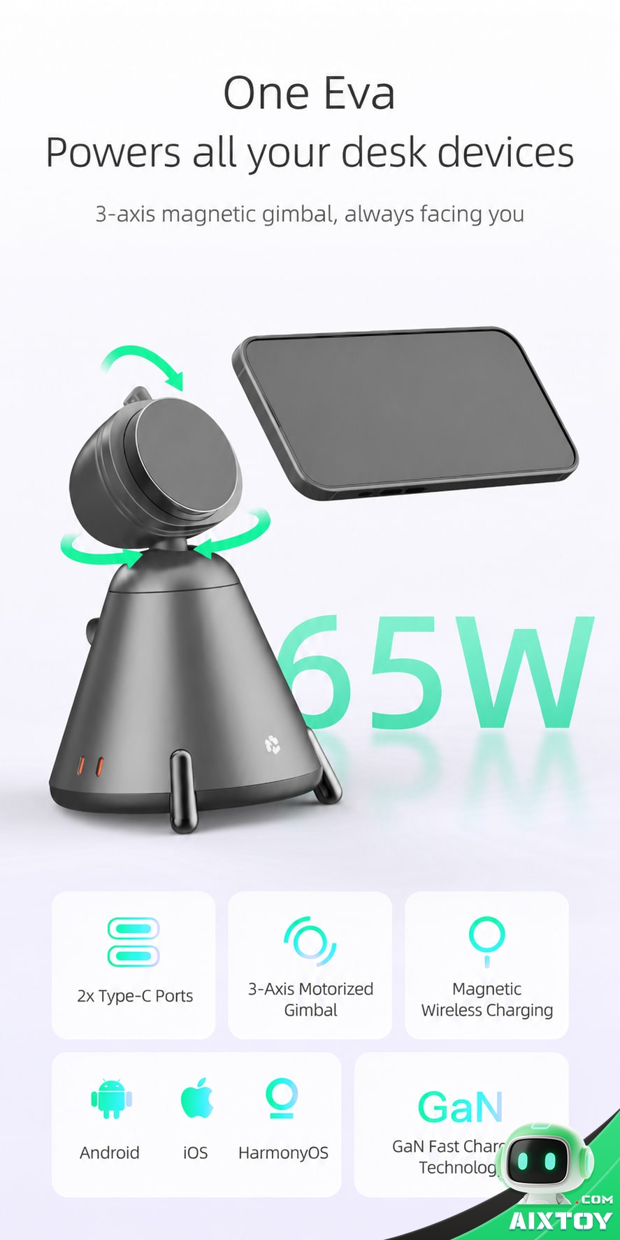 One Eva powers all your desk devices: 65 W GaN charging with a 3-axis magnetic gimbal that keeps facing you One Eva powers all your desk devices: 65 W GaN charging with a 3-axis magnetic gimbal that keeps facing you