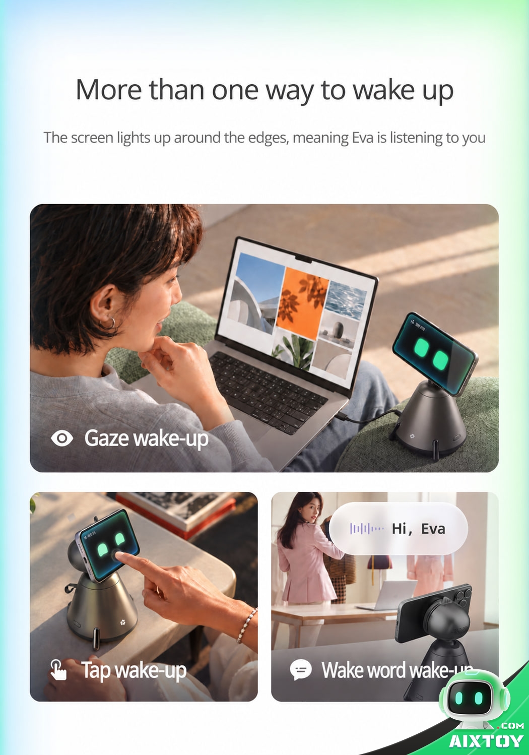 Three ways to wake QwenNote Eva: look-to-wake, tap-to-wake and wake word Three ways to wake QwenNote Eva: look-to-wake, tap-to-wake and wake word