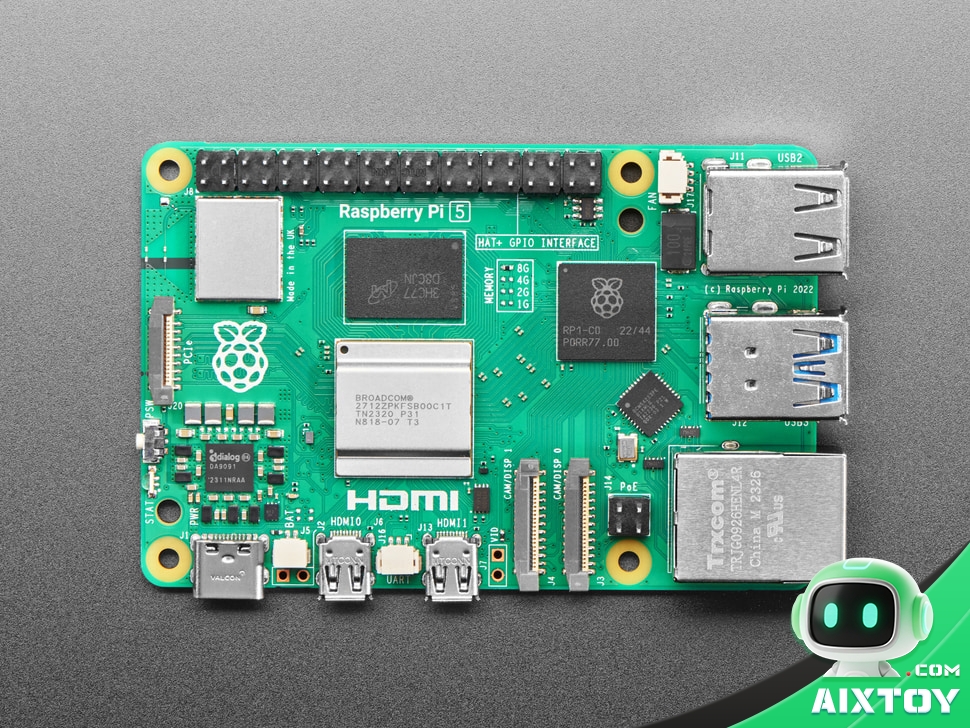 Raspberry Pi 5 8GB - GPIO Header and Cooling Profile Raspberry Pi 5 8GB board in profile, with the 40-pin GPIO header and the official active cooler clearly visible