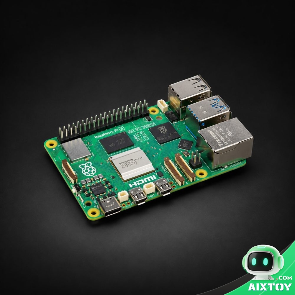 Raspberry Pi 5 8GB single-board computer photographed on a dark charcoal studio background, three-quarter view showing the 40-pin GPIO header, metal heat spreader, USB and Ethernet connectors