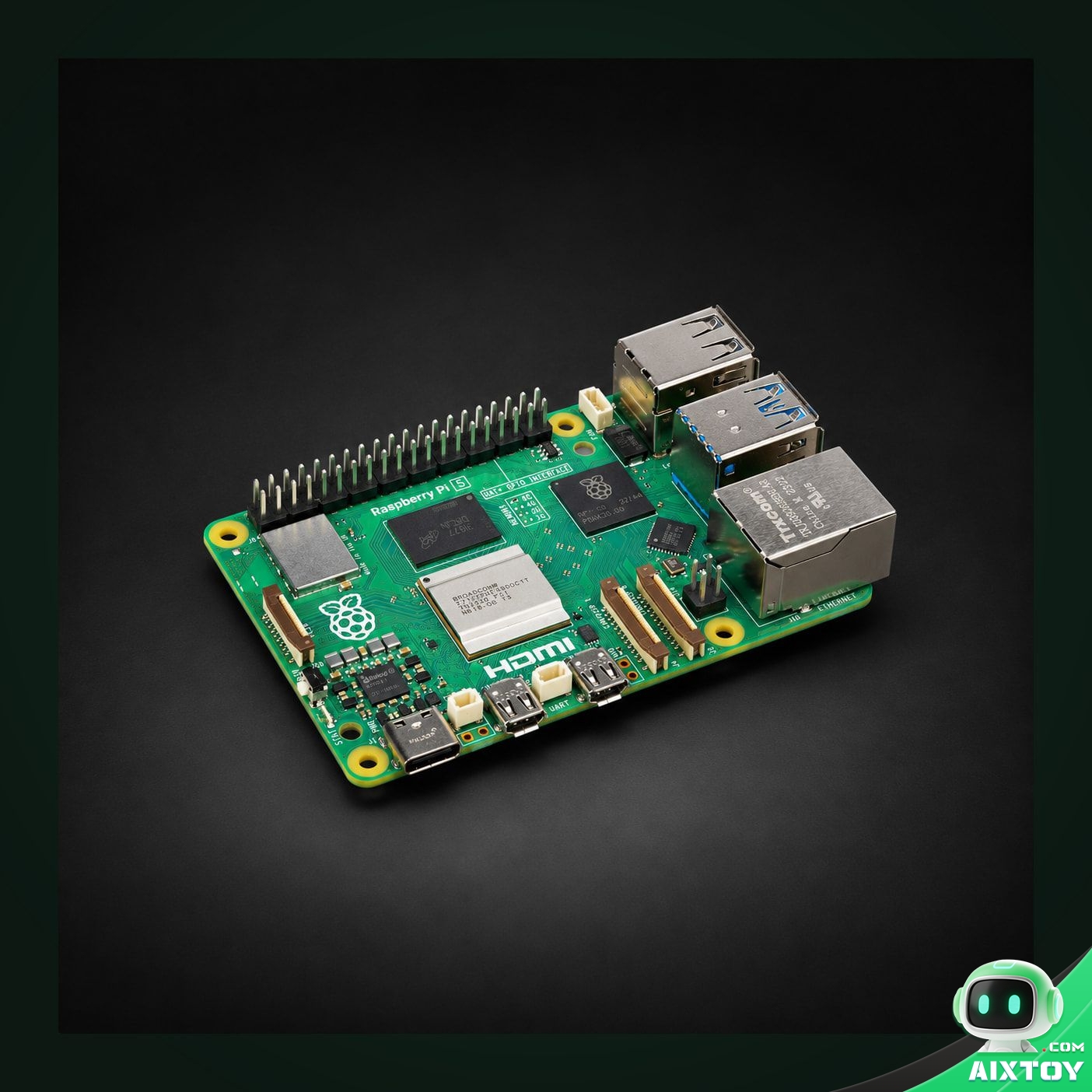 Raspberry Pi 5 8GB single-board computer photographed on a dark charcoal studio background