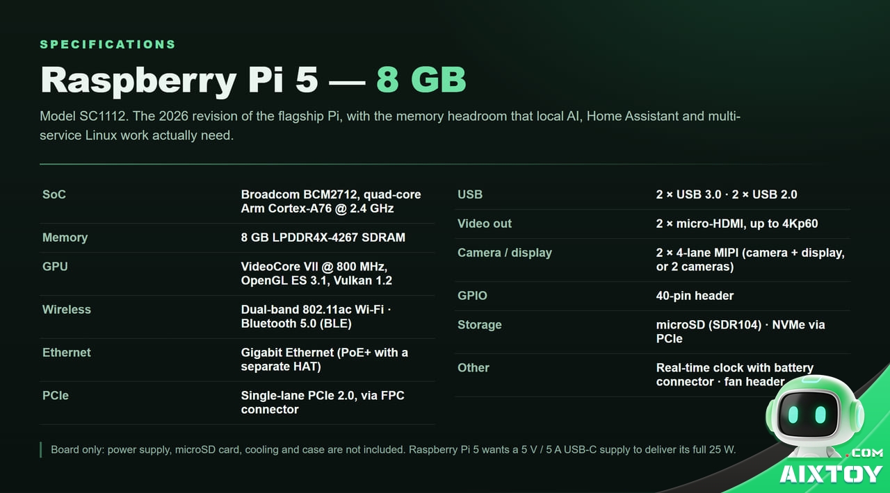 Raspberry Pi 5 8GB full specifications: BCM2712 quad-core Cortex-A76 at 2.4 GHz, 8 GB LPDDR4X-4267, dual-band Wi-Fi and Bluetooth 5.0 Raspberry Pi 5 8GB full specifications: BCM2712 quad-core Cortex-A76 at 2.4 GHz, 8 GB LPDDR4X-4267, dual-band Wi-Fi and Bluetooth 5.0