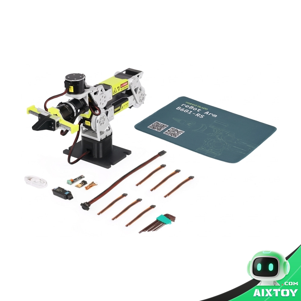 reBot Arm B601-RS Open-Source 6-Axis Robotic Arm – Gallery image (full kit) reBot Arm B601-RS Open-Source 6-Axis Robotic Arm, everything included in the box, with the arm, cable set, controller board, Allen keys and the protective mat (AIXTOY)