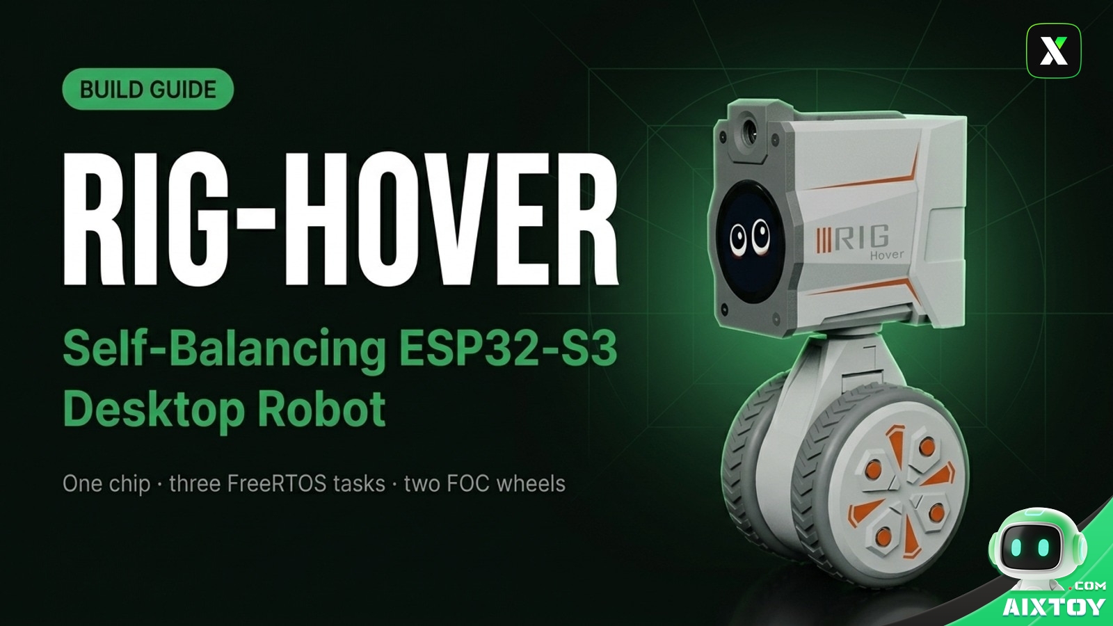 RIG-Hover, a self-balancing two-wheel ESP32-S3 desktop robot with a round face display and orange accent wheels, on a dark green background