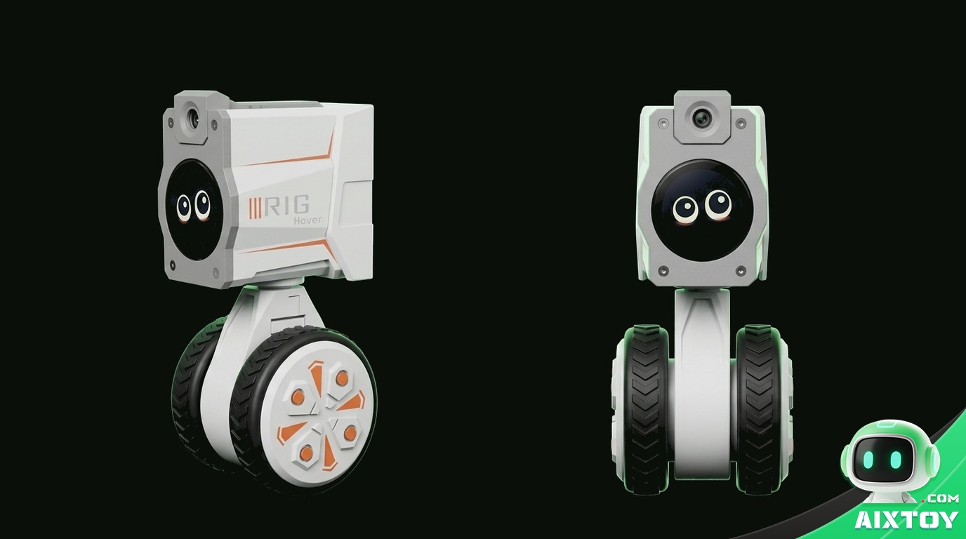 RIG-Hover ESP32-S3 two-wheel self-balancing desktop robot shown from two angles