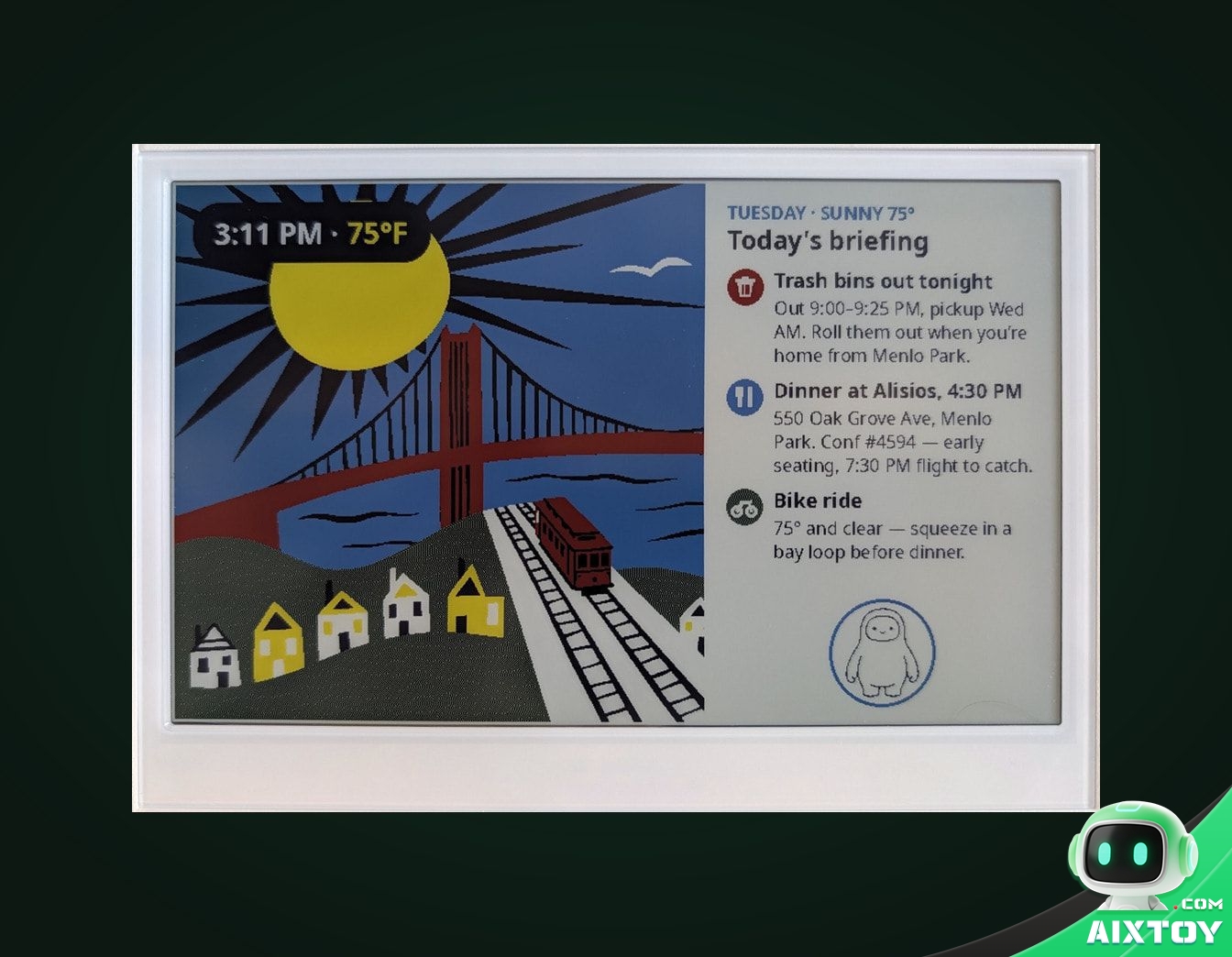 Seeed reTerminal E1002 colour e-paper display showing a weather and briefing dashboard