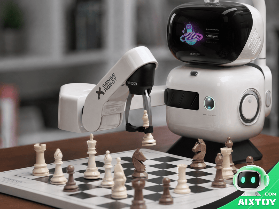 SenseRobot AI chess companion robot with robotic arm playing chess on physical board demonstrating verifiable task-based AI toy interaction