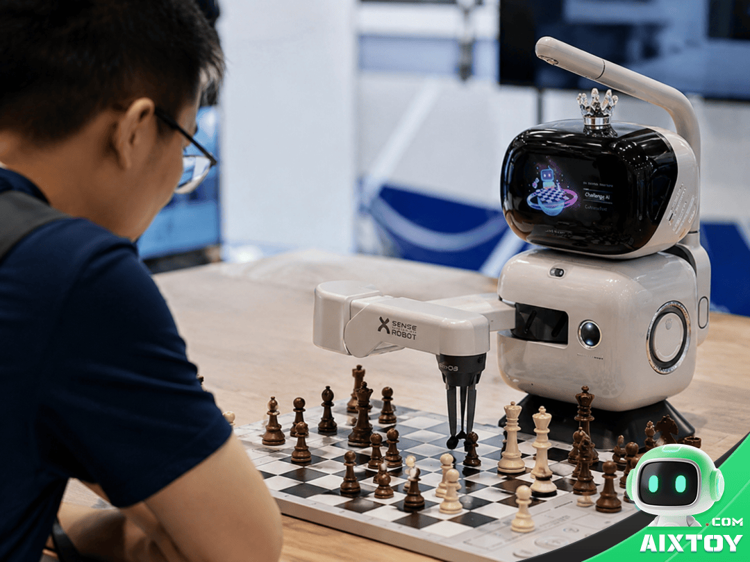 Family using SenseRobot AI chess robot at home showing parent-child interaction with task-based educational AI toy
