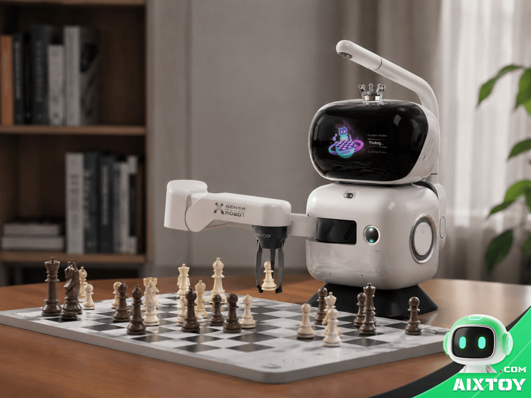 Close-up of SenseRobot robotic arm moving chess piece on board showing physical AI interaction and precision engineering
