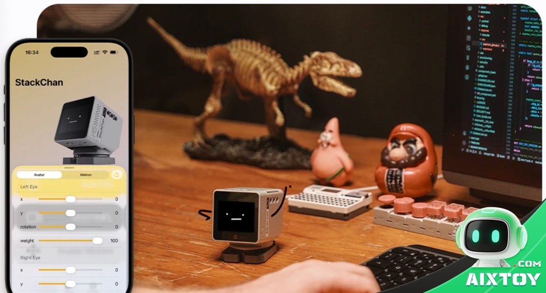 StackChan ESP32-S3 companion app avatar and motion controls: left eye, right eye, x, y, rotation and weight