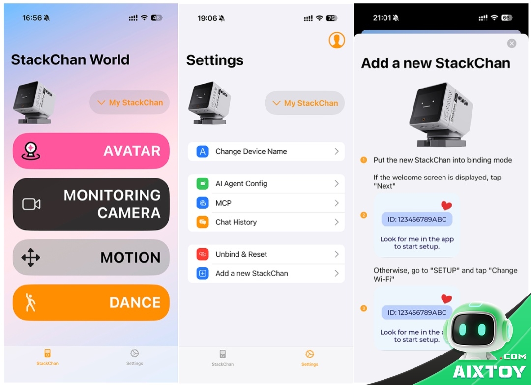 StackChan ESP32-S3 app screens: avatar, monitoring camera, motion, MCP settings and device pairing
