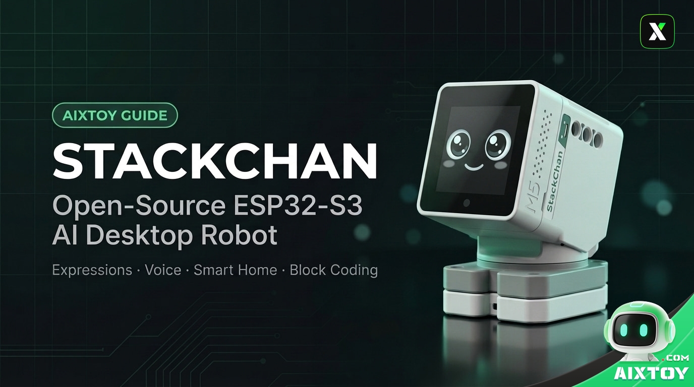 StackChan, an open-source ESP32-S3 desktop robot with animated eyes and a servo-driven head, on a dark blue tech background