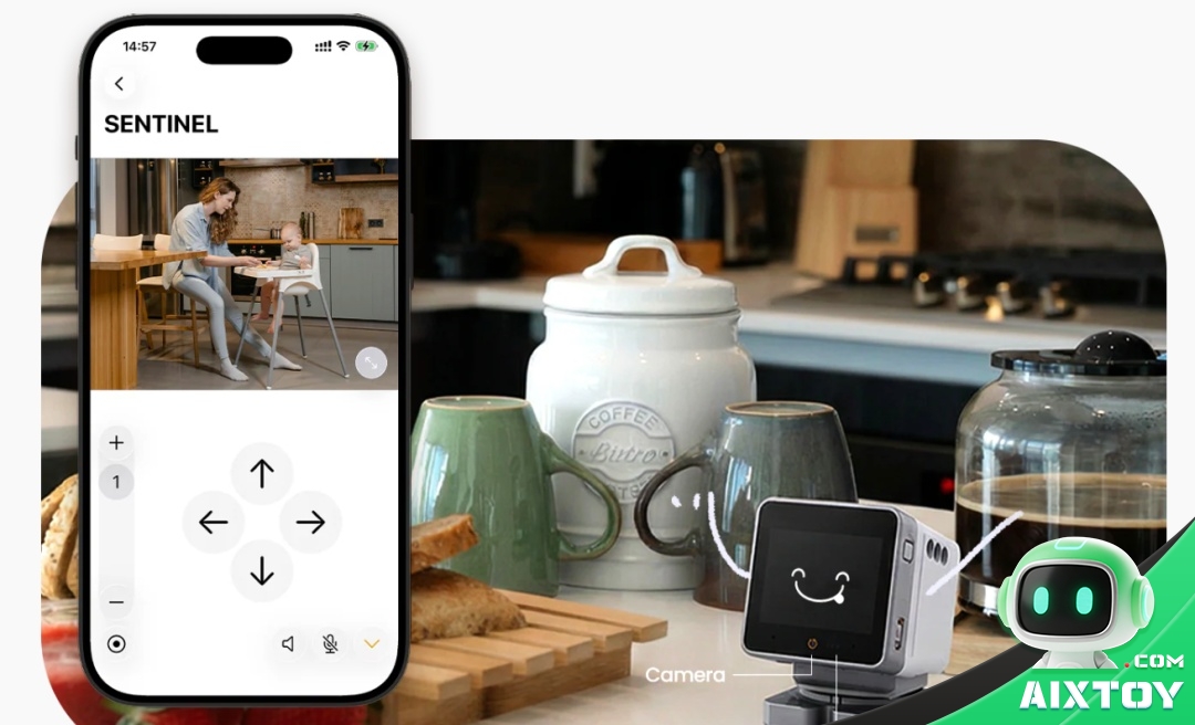 StackChan ESP32-S3 sentinel mode streaming its camera to the phone while watching the room