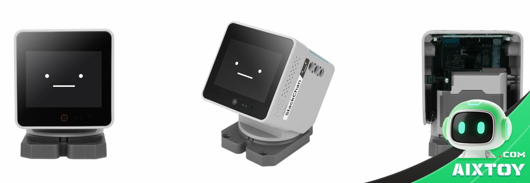 StackChan ESP32-S3 desktop robot three views: expression screen, servo hinge and the electronics inside