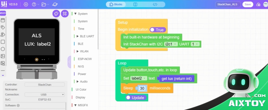 StackChan ESP32-S3 UiFlow 2 block programming interface with drag-and-drop blocks