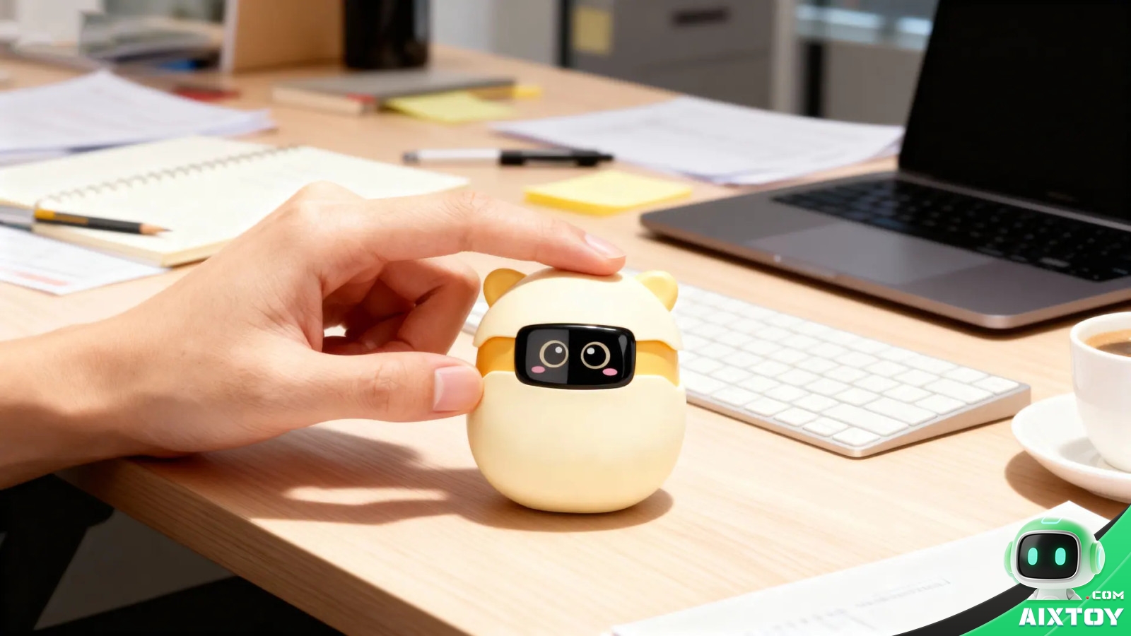 sweekar-ai-pocket-pet-desk-interaction A hand reaching toward a yellow Sweekar AI pocket pet sitting on a desk beside a laptop