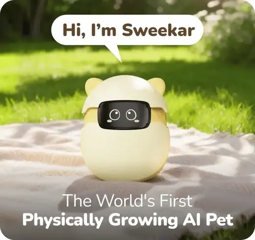 Sweekar AI pocket pet introduction animation showing the growing companion Sweekar AI pocket pet introduction animation showing the growing companion