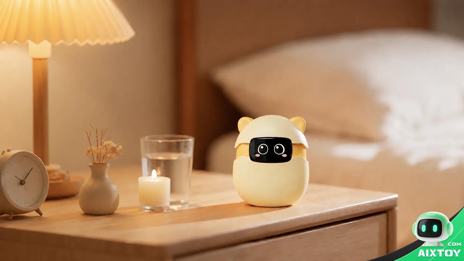 A yellow Sweekar AI pocket pet on a wooden bedside nightstand next to a lamp, a candle and a glass of water