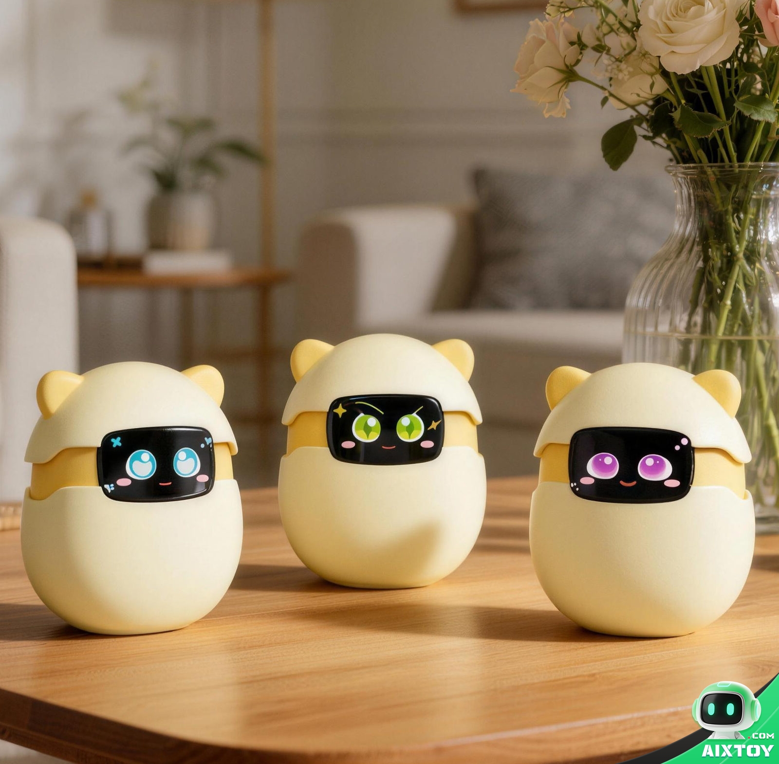 sweekar-ai-pocket-pet-product-lineup Three yellow Sweekar AI pocket pets lined up on a wooden table showing three different facial expressions