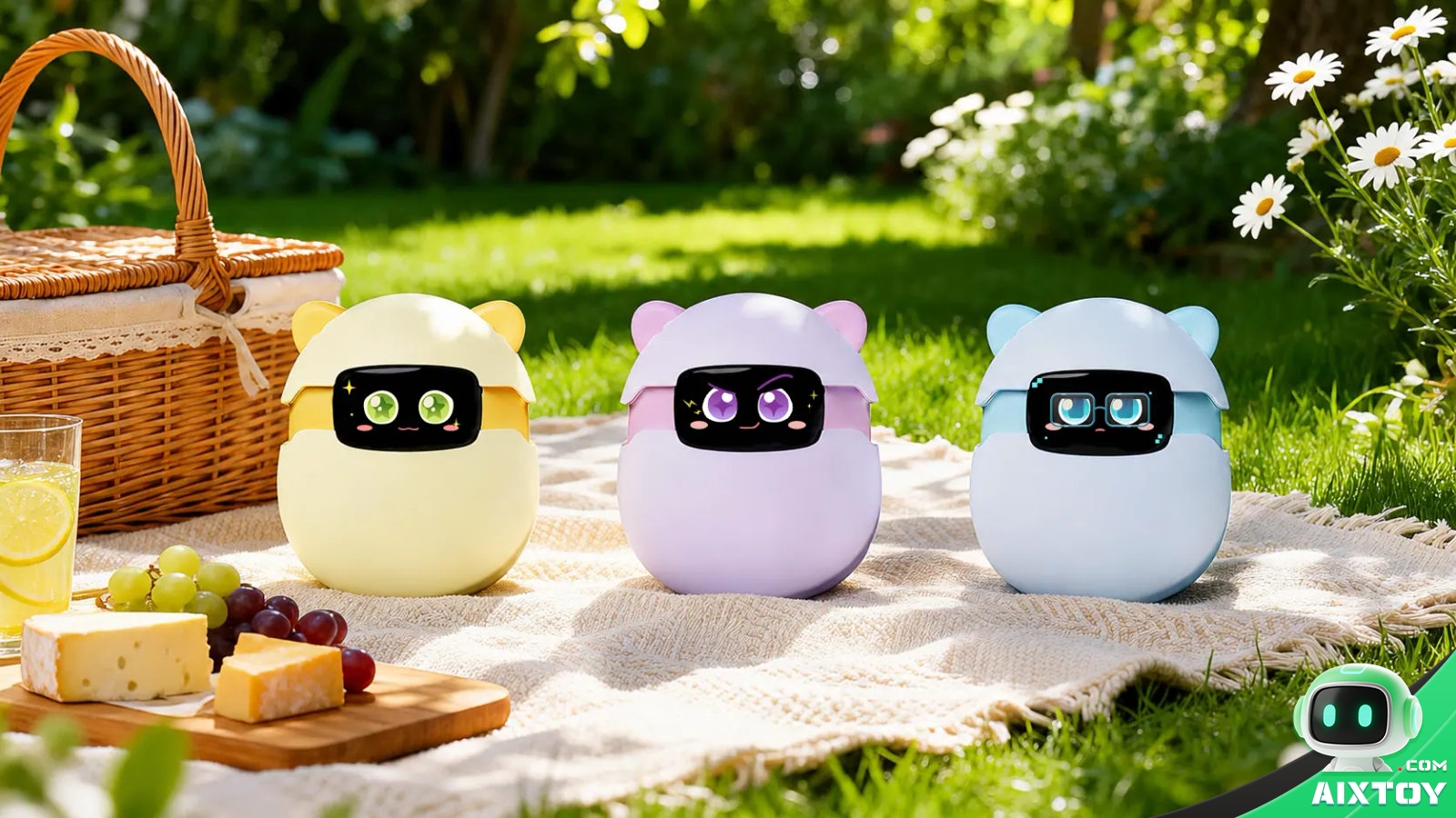 sweekar-ai-pocket-pet-three-colorways-picnic Three Sweekar AI pocket pets in yellow, purple and blue with different facial expressions on a picnic blanket