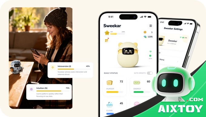 Sweekar companion app showing chat history and wellbeing check-ins Sweekar companion app showing chat history and wellbeing check-ins