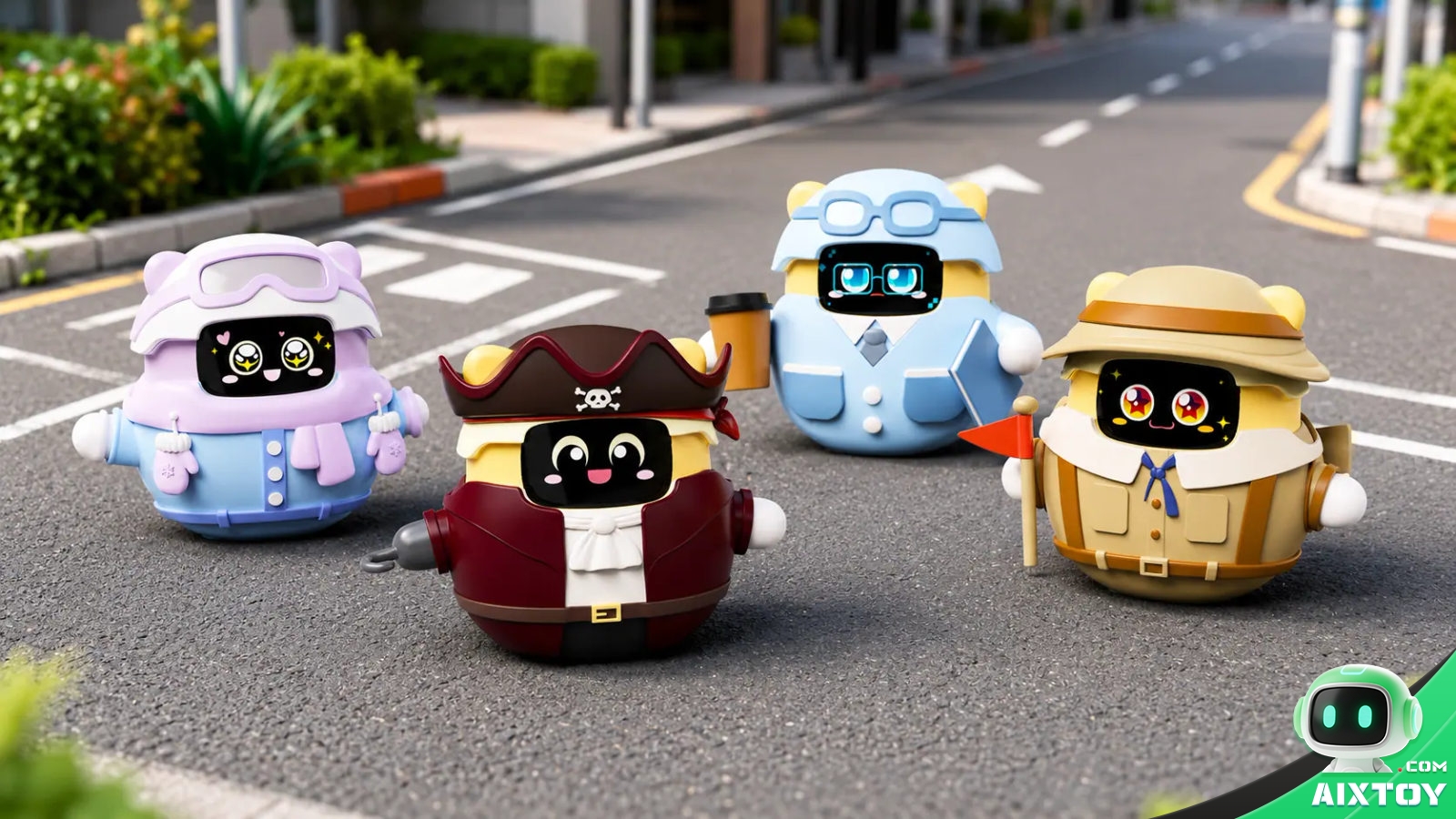 sweekar-pocket-pets-in-outfits-street Sweekar AI pocket pets wearing different character outfits on a neighbourhood street