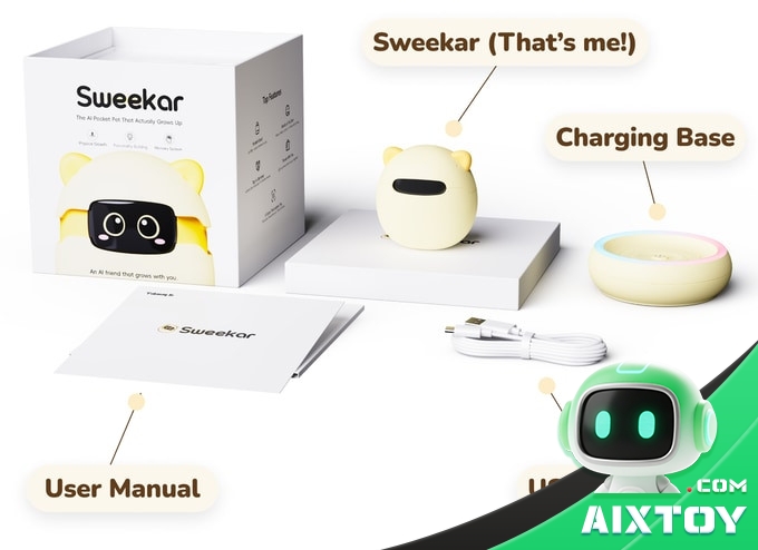Sweekar box contents: pocket pet, charging base, user manual and USB-C cable Sweekar box contents: pocket pet, charging base, user manual and USB-C cable