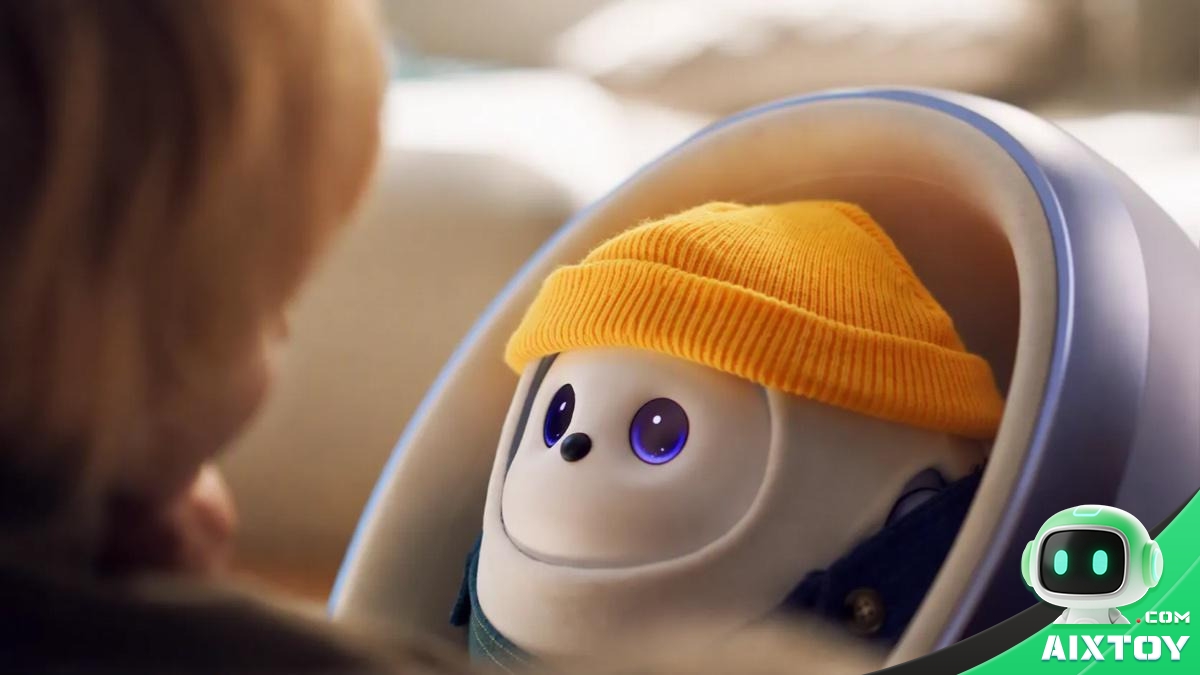 TCL AiMe family companion robot resting in its capsule shaped Drive Core base and wearing a yellow beanie, in front of a child