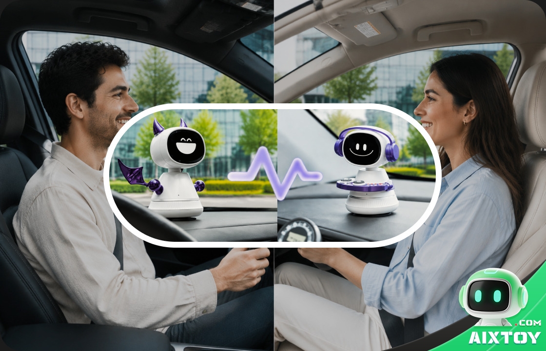 Two drivers in separate cars connected by a Timo robot in each vehicle, illustrating the cross-cabin Spark Match feature