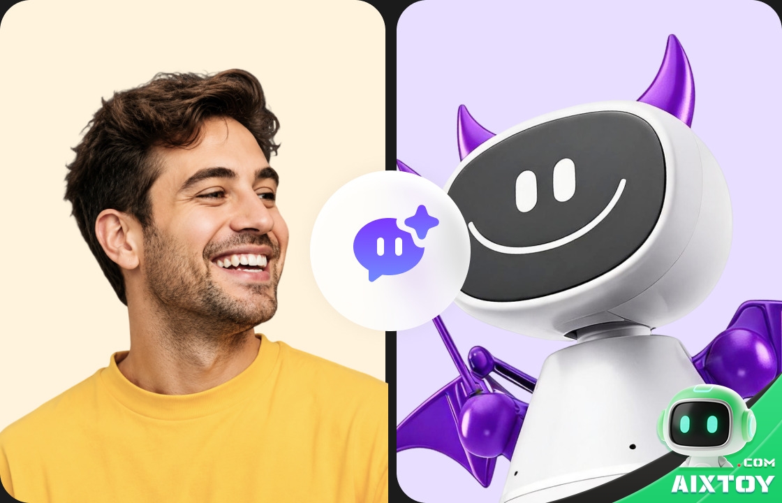 A smiling owner next to Timo wearing purple devil horns, demonstrating the robot's customisable snap-on accessories