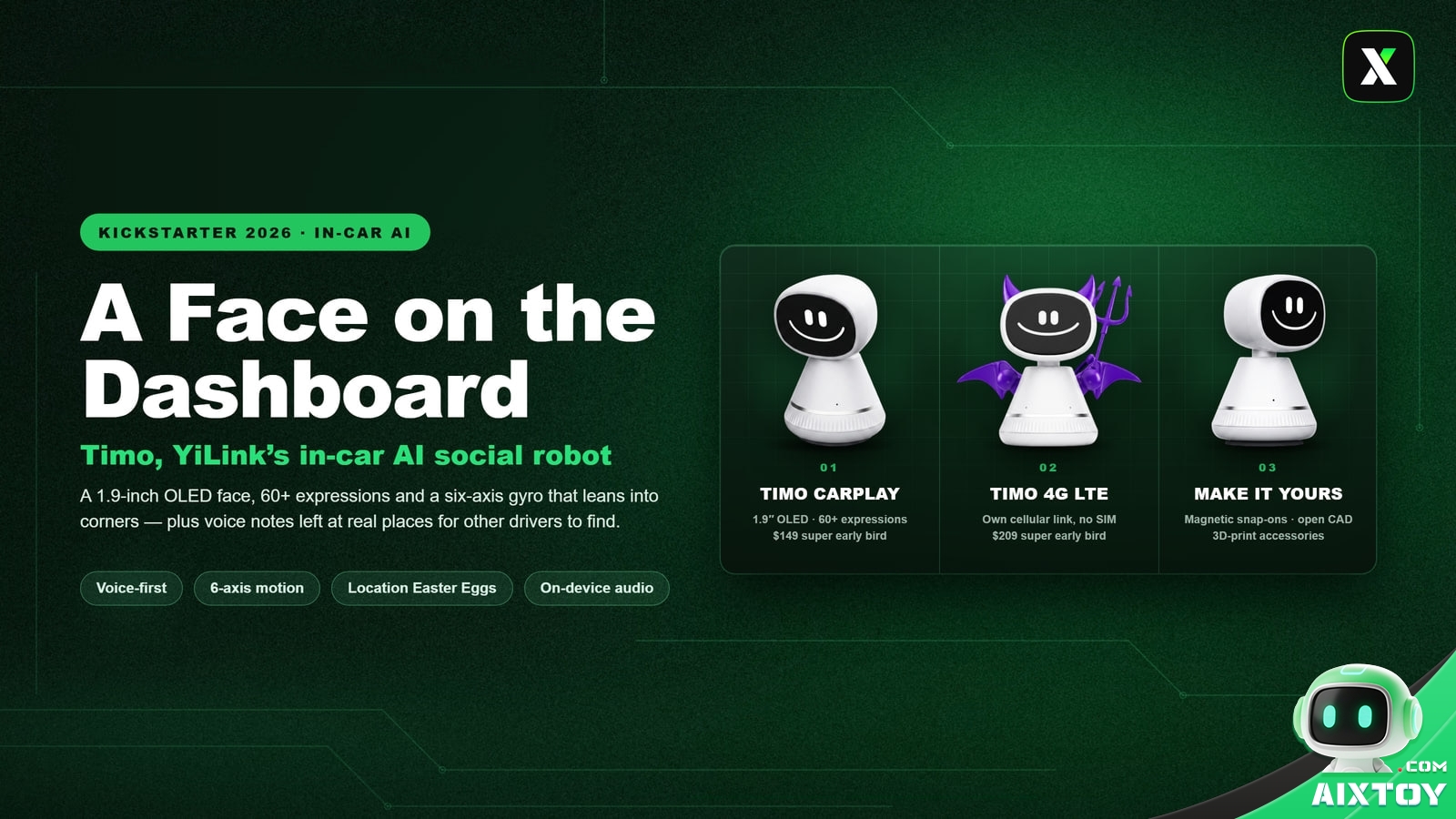 Cover art for the AIXTOY guide to Timo, the YiLink in-car AI social robot, showing the CarPlay and 4G LTE editions and its 3D-printable accessories over a dark green background