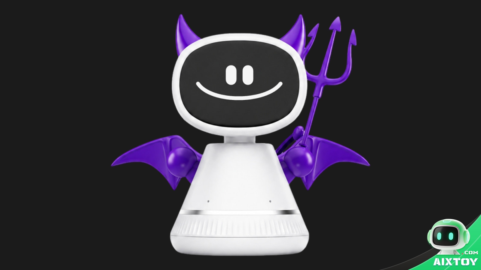 Timo, the YiLink in-car AI social robot, a white cone-shaped dashboard robot with a dark OLED face and purple devil-horn accessories