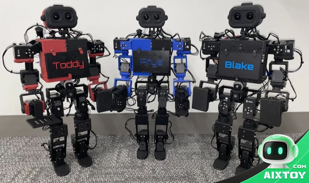 Three ToddlerBot humanoid robots standing side by side