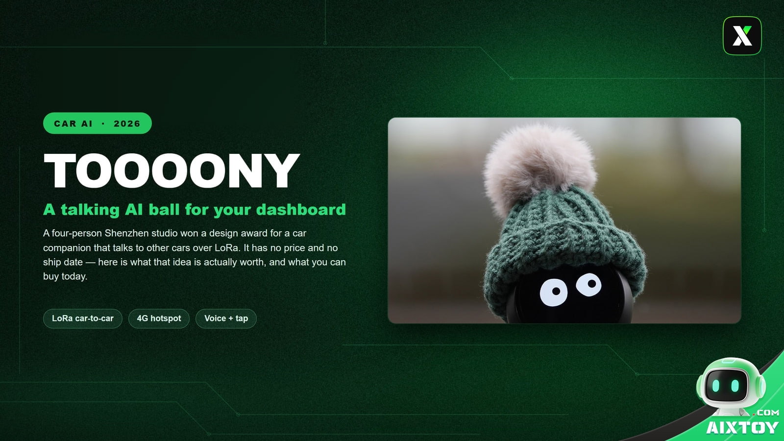 Cover art for the AIXTOY guide to the TOOOONY car AI ball, a round dashboard companion robot, over a dark green background with a soft glow
