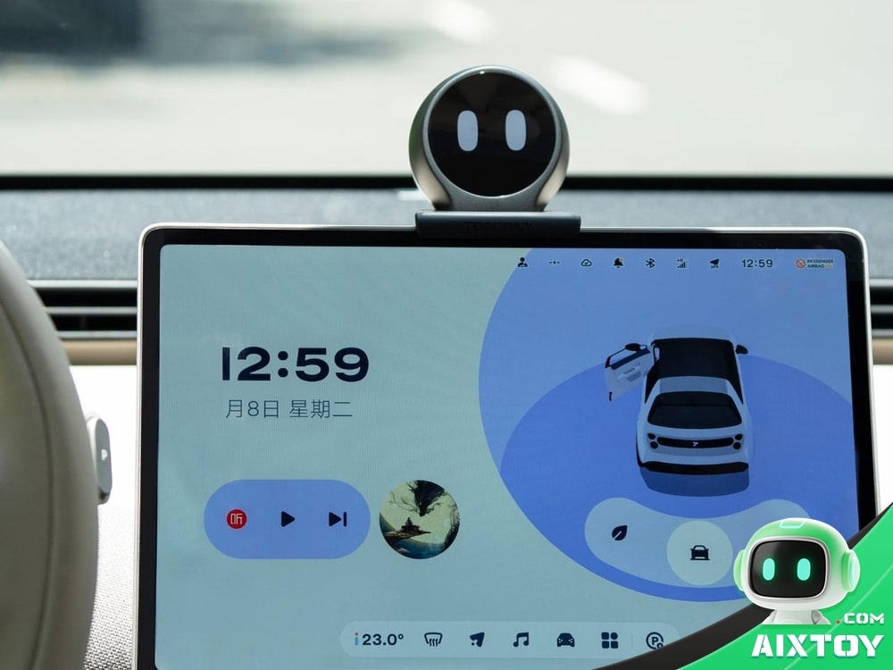 TOOOONY AI ball mounted above a car display showing vehicle status and media controls