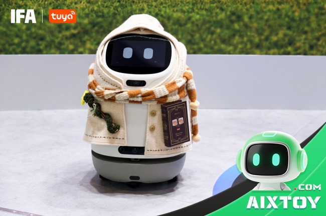 Tuya Doova wheeled home companion robot for seniors on display at IFA 2026, with a screen face and a knitted scarf