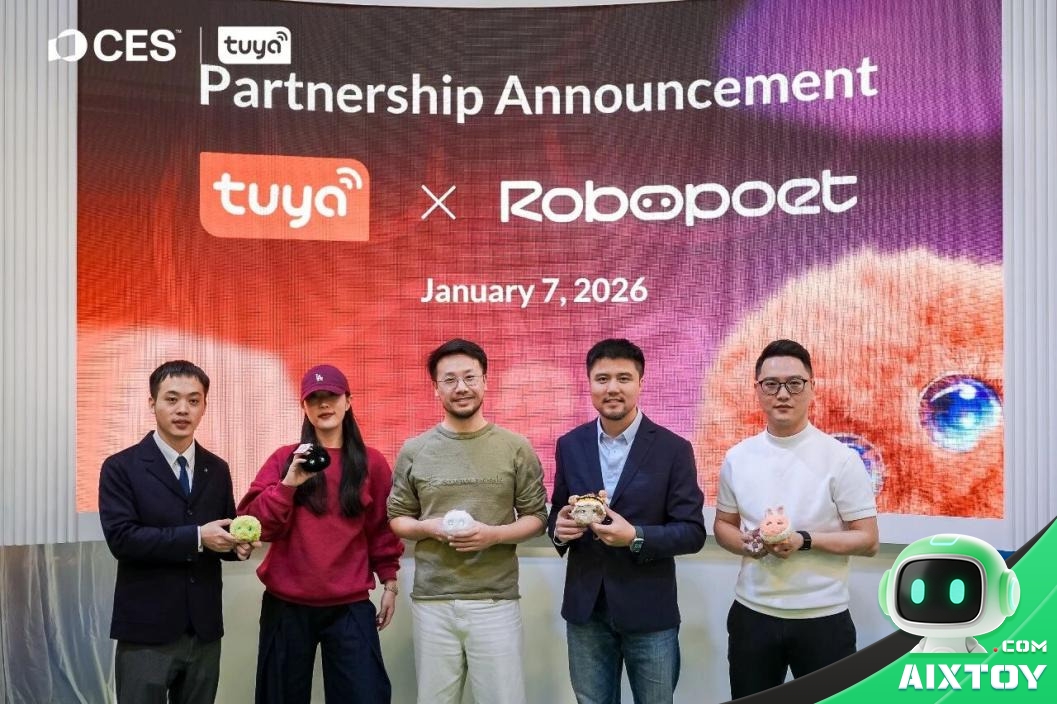 Tuya Smart and Robopoet executives announcing their partnership on stage at CES 2026, holding Fuzozo plush AI companions