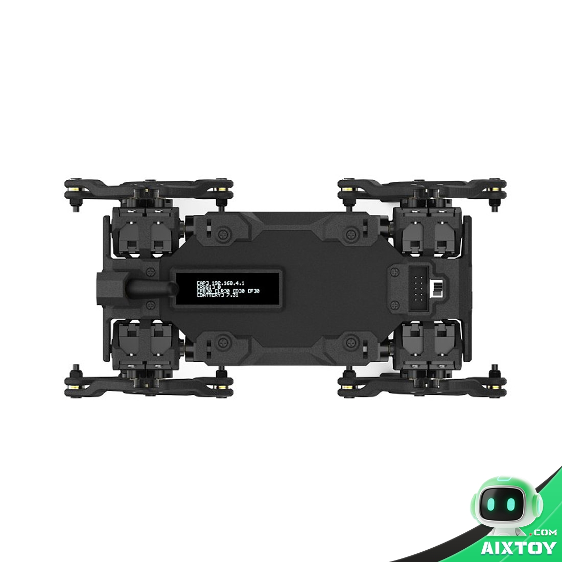 Top view of the Waveshare WAVEGO Pro quadruped robot showing twelve SC09 bus servos arranged around the chassis and the onboard OLED display