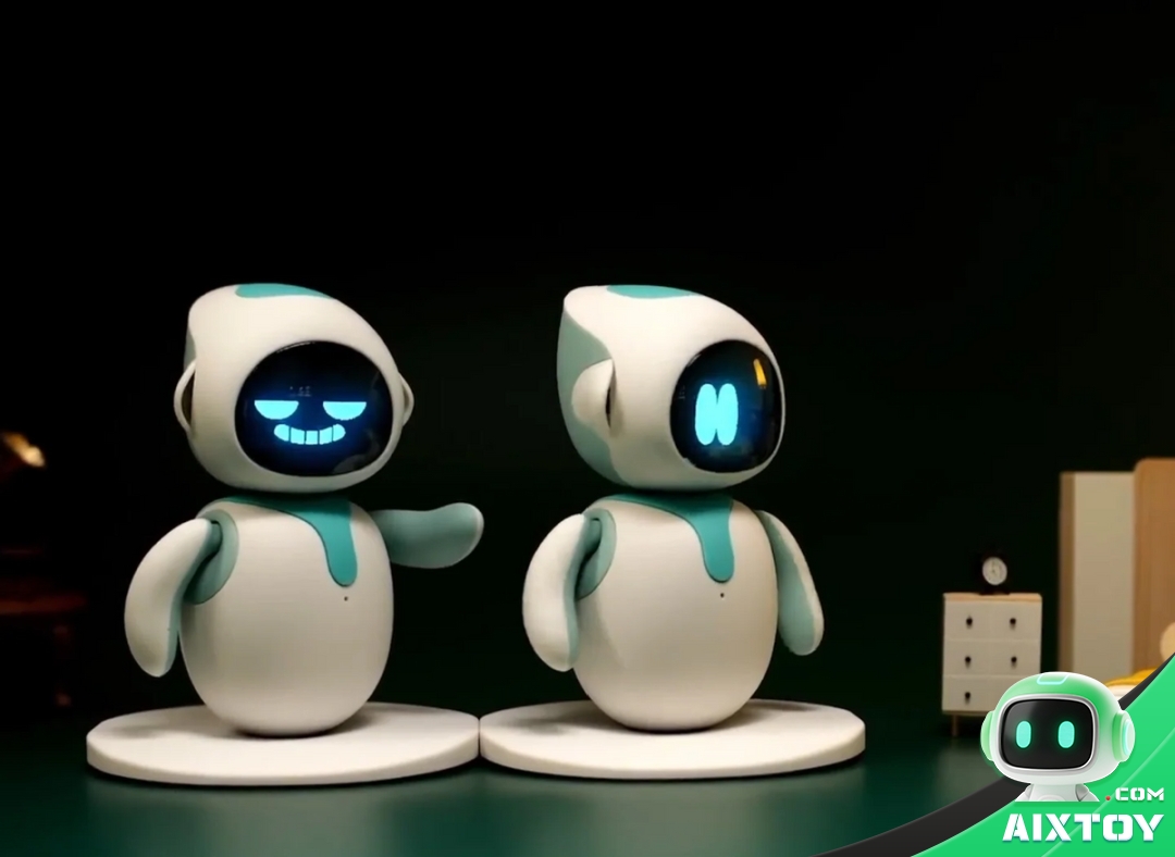 Two white desktop AI companion robots with glowing screen faces