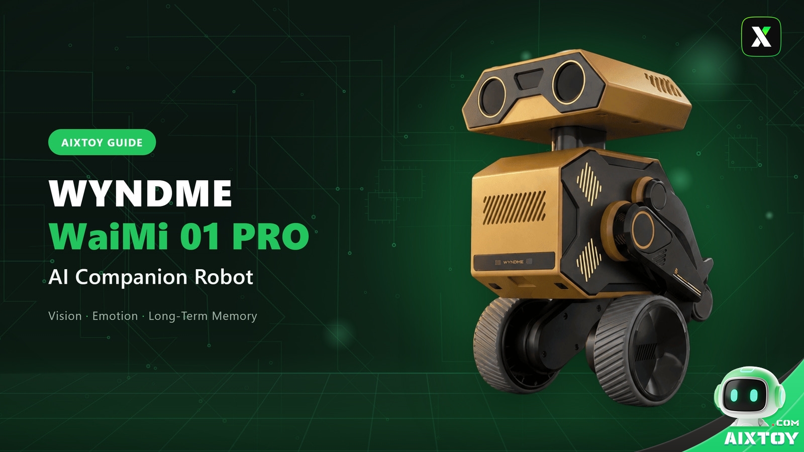 WYNDME WaiMi 01 PRO, a wheeled-legged AI companion robot with a friendly face screen, on the article cover