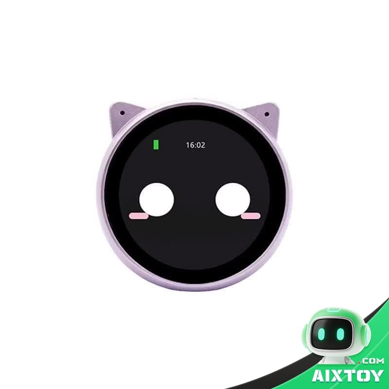Purple circular robot head with a dark screen, two white eyes and pink cheeks in a purple frame, time 16:02 visible.
