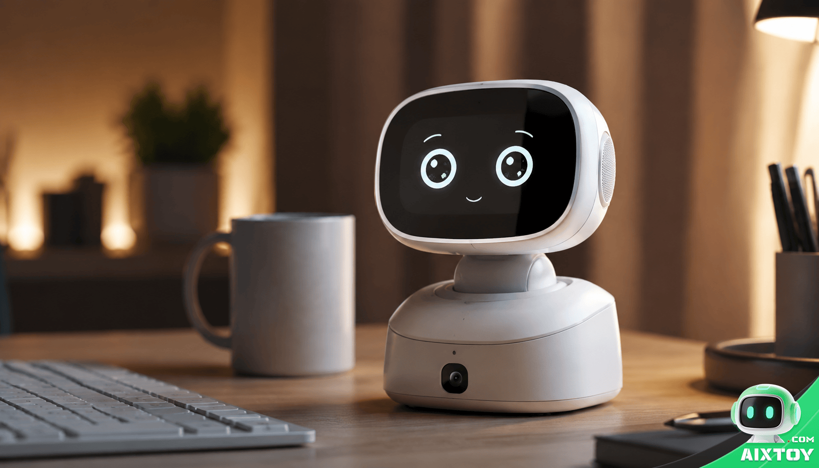 White friendly desktop robot with a black screen face and glowing blue eyes sits on a wooden desk, with a mug and plants blurred in the background.