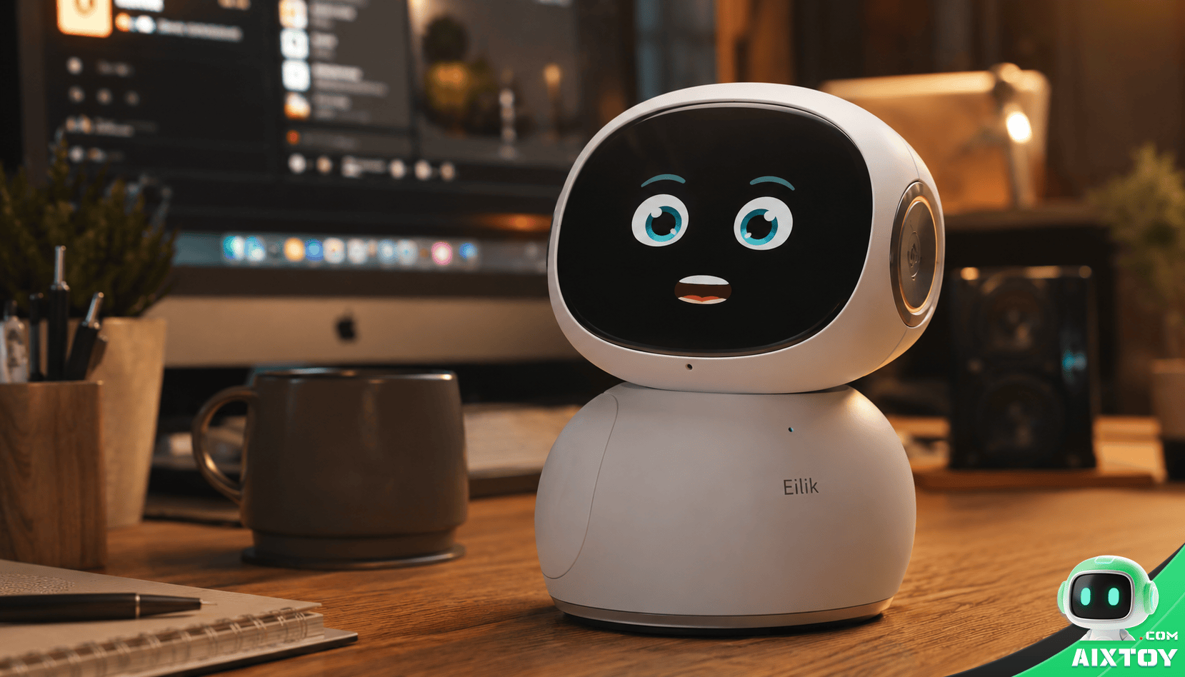 Desktop AI companion robot close-up showing real-time lip sync animation and expressive OLED display interaction