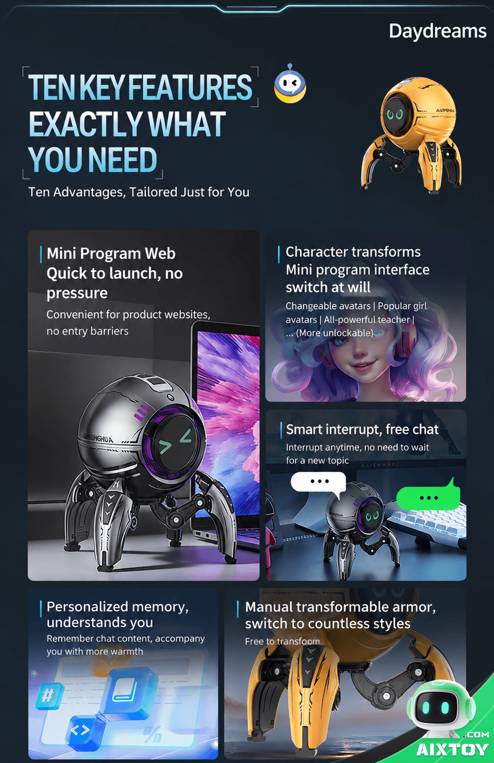 Xiaozhi AI Desktop Robot Smart Features Overview Xiaozhi AI Desktop Robot smart features display - voice control Bluetooth speaker AIXTOY