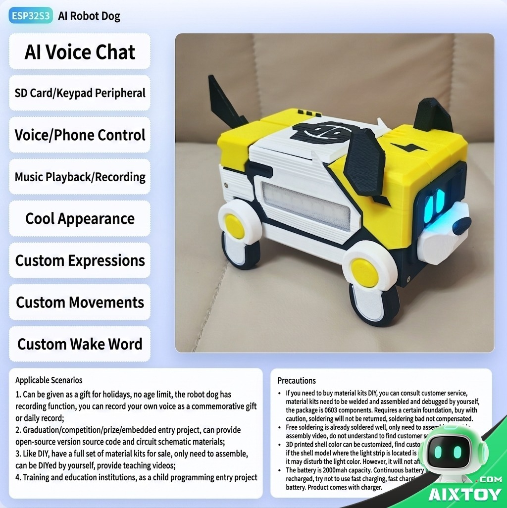 XiaoZhi AI Desktop Robot Dog Detail - Mecha Yellow Showcase XiaoZhi AI Desktop Robot Dog - detail-01